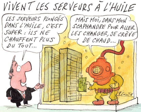 Dessin: Serveurs immergés dans l’huile : des experts modèrent l’enthousiasme